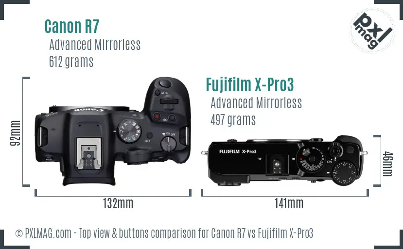 Canon R7 vs Fujifilm X-Pro3 top view buttons comparison