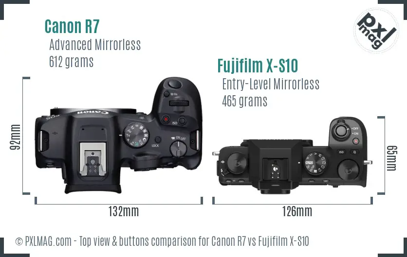 Canon R7 vs Fujifilm X-S10 top view buttons comparison