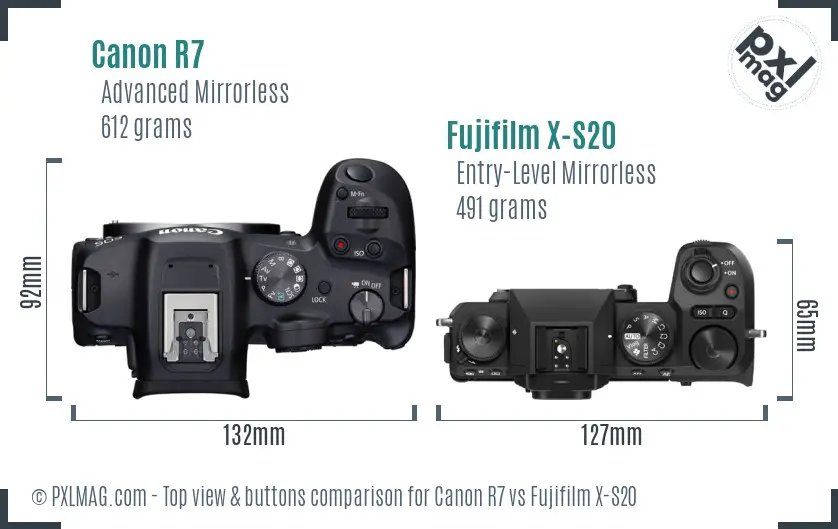 Canon R7 vs Fujifilm X-S20 top view buttons comparison Canon R7 vs Fujifilm X-S20 top view buttons comparison