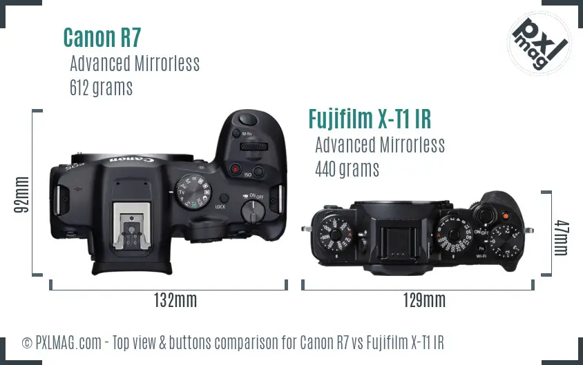 Canon R7 vs Fujifilm X-T1 IR top view buttons comparison