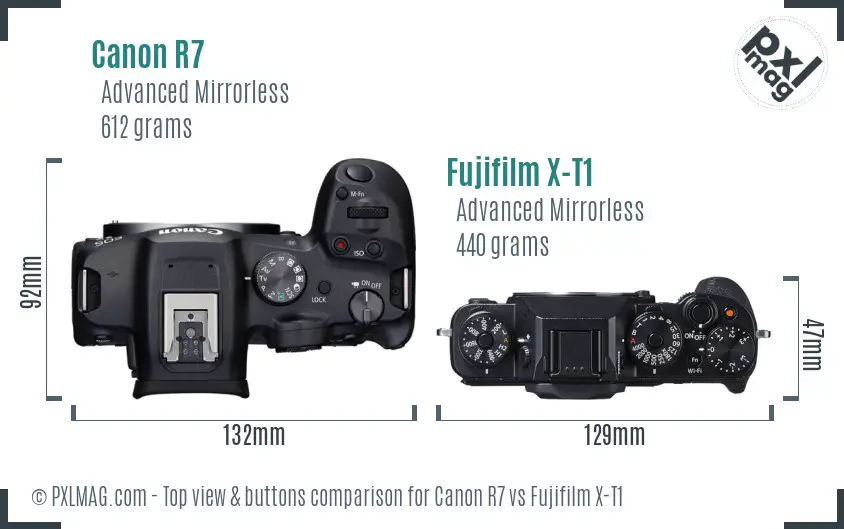 Canon R7 vs Fujifilm X-T1 top view buttons comparison