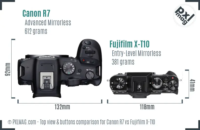 Canon R7 vs Fujifilm X-T10 top view buttons comparison