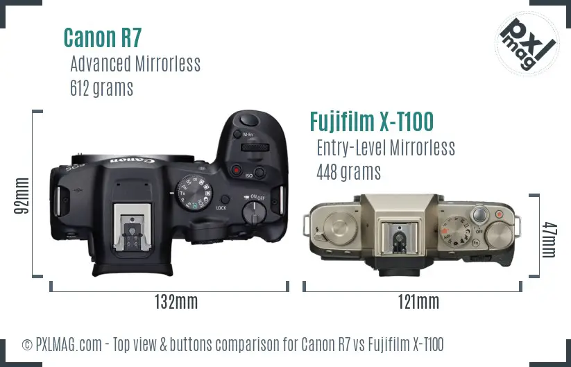 Canon R7 vs Fujifilm X-T100 top view buttons comparison