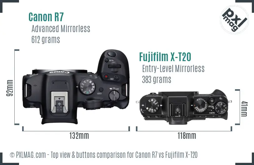 Canon R7 vs Fujifilm X-T20 top view buttons comparison Canon R7 vs Fujifilm X-T20 top view buttons comparison