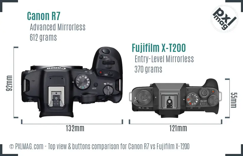 Canon R7 vs Fujifilm X-T200 top view buttons comparison Canon R7 vs Fujifilm X-T200 top view buttons comparison