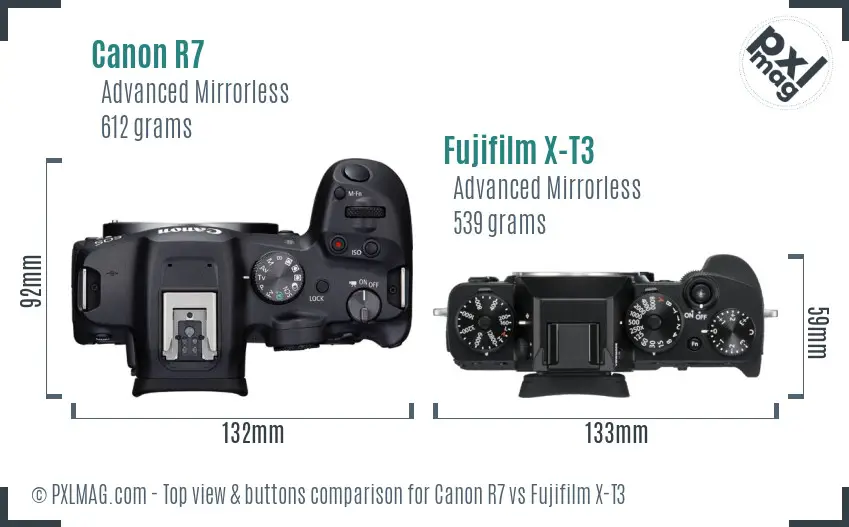Canon R7 vs Fujifilm X-T3 top view buttons comparison