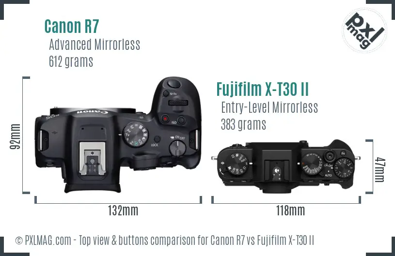 Canon R7 vs Fujifilm X-T30 II top view buttons comparison