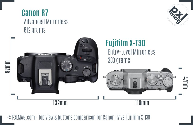 Canon R7 vs Fujifilm X-T30 top view buttons comparison