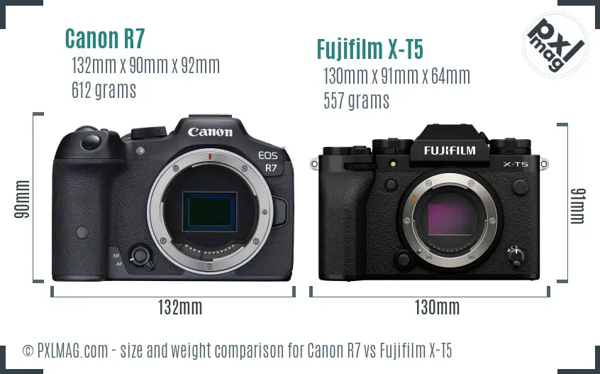 Canon R7 vs Fujifilm X-T5 size comparison