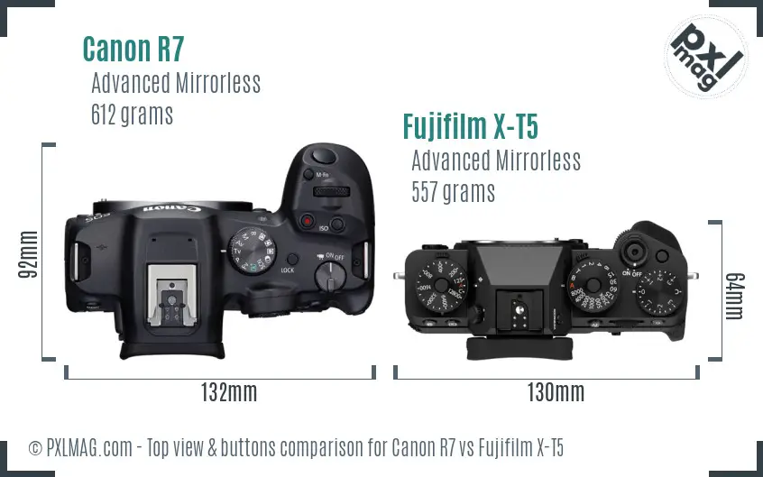 Canon R7 vs Fujifilm X-T5 top view buttons comparison