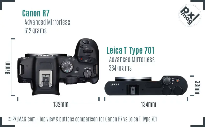 Canon R7 vs Leica T  Type 701 top view buttons comparison