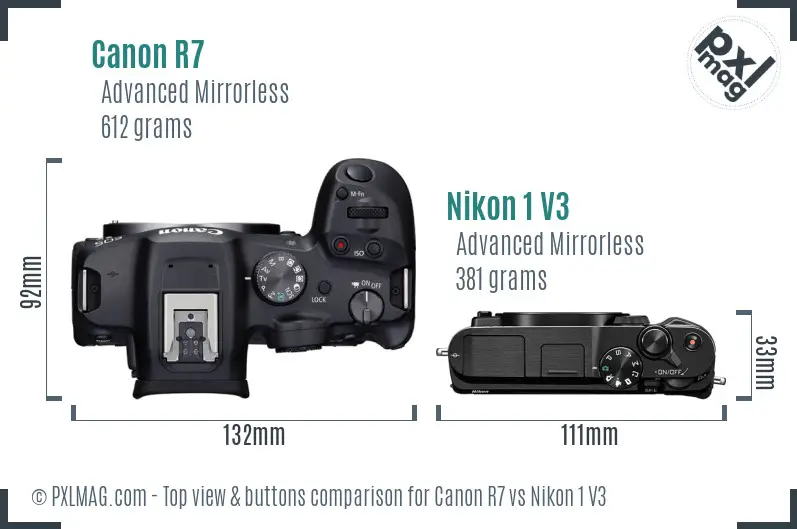 Canon R7 vs Nikon 1 V3 top view buttons comparison