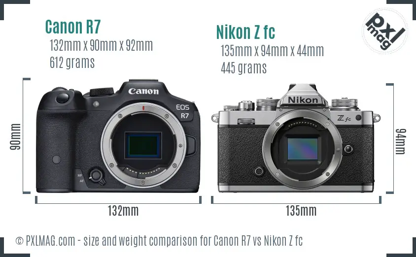 Canon R7 vs Nikon Z fc size comparison