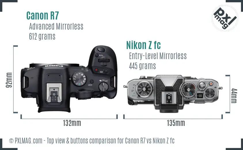 Canon R7 vs Nikon Z fc top view buttons comparison