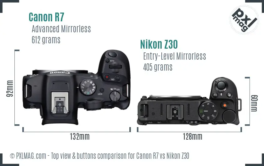 Canon R7 vs Nikon Z30 top view buttons comparison