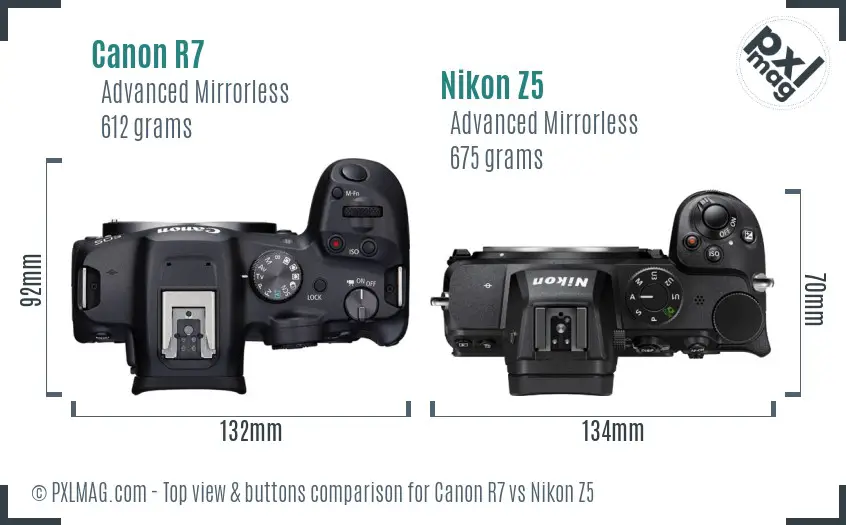 Canon R7 vs Nikon Z5 top view buttons comparison