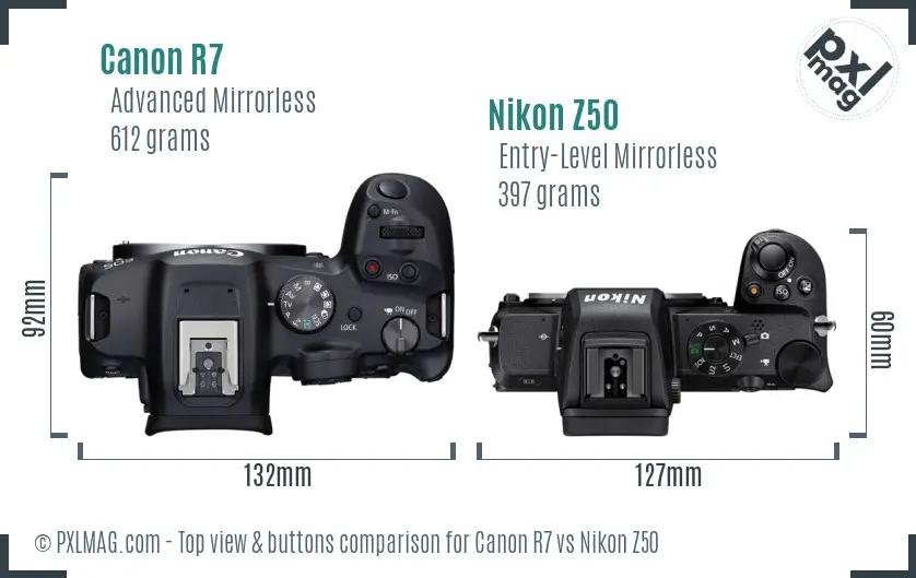 Canon R7 vs Nikon Z50 top view buttons comparison