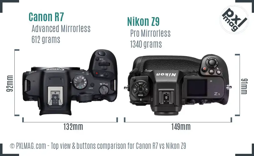 Canon R7 vs Nikon Z9 top view buttons comparison