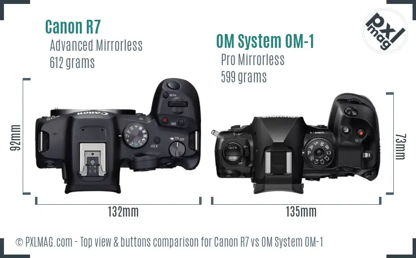 Canon R7 vs OM System OM-1 top view buttons comparison