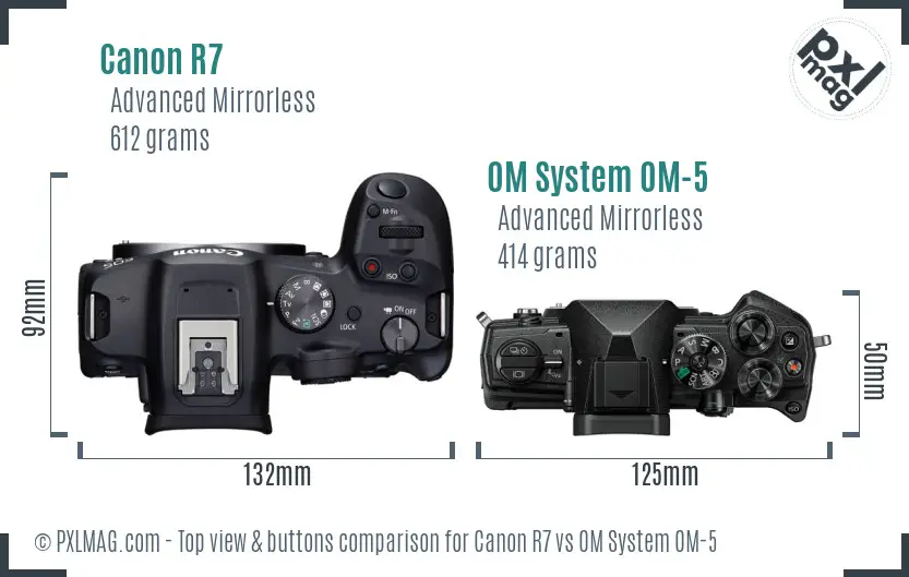 Canon R7 vs OM System OM-5 top view buttons comparison