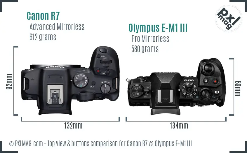 Canon R7 vs Olympus E-M1 III top view buttons comparison