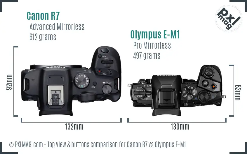 Canon R7 vs Olympus E-M1 top view buttons comparison