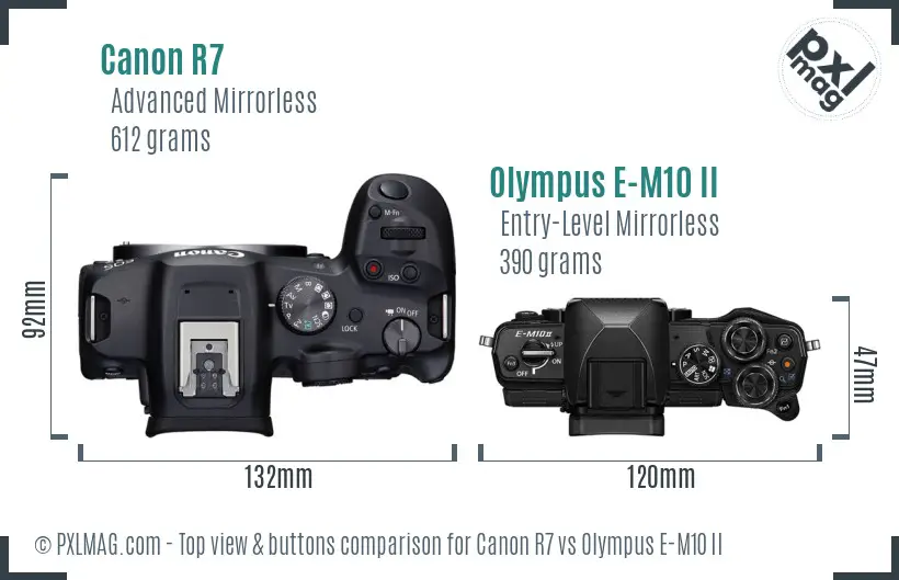 Canon R7 vs Olympus E-M10 II top view buttons comparison Canon R7 vs Olympus E-M10 II top view buttons comparison