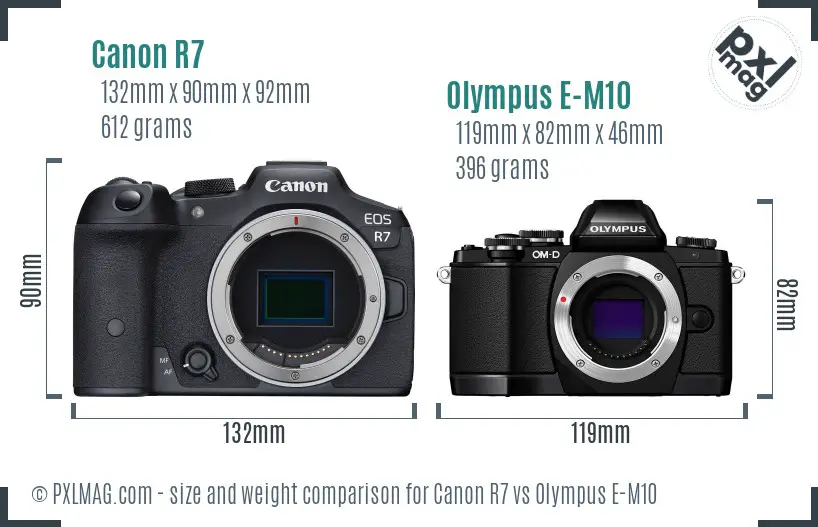 Canon R7 vs Olympus E-M10 size comparison