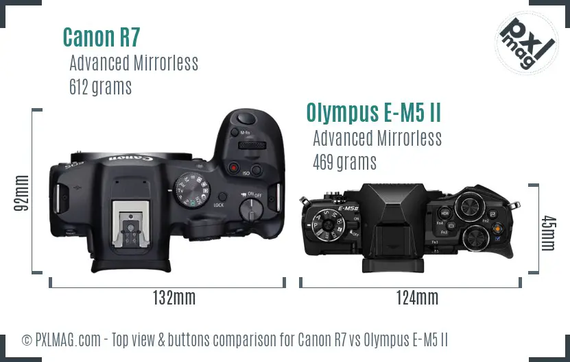 Canon R7 vs Olympus E-M5 II top view buttons comparison