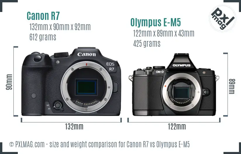 Canon R7 vs Olympus E-M5 size comparison