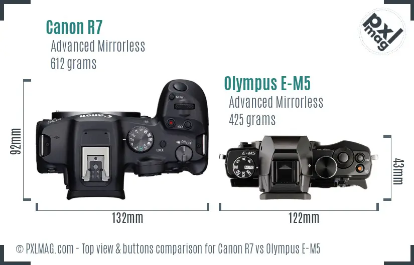 Canon R7 vs Olympus E-M5 top view buttons comparison