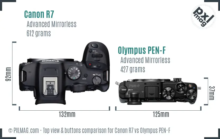 Canon R7 vs Olympus PEN-F top view buttons comparison