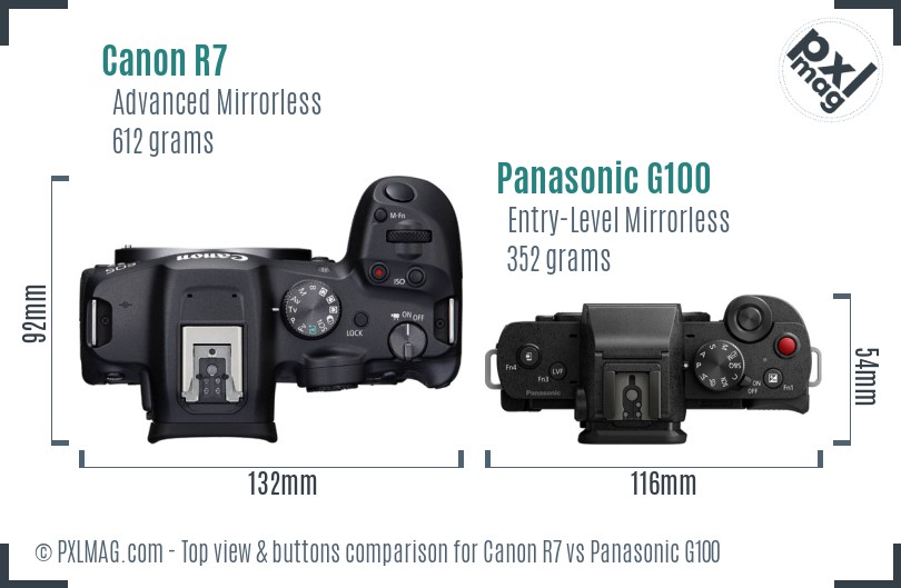 Canon R7 vs Panasonic G100 top view buttons comparison