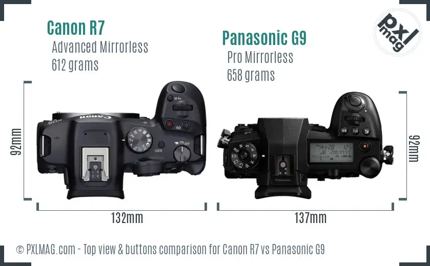 Canon R7 vs Panasonic G9 top view buttons comparison