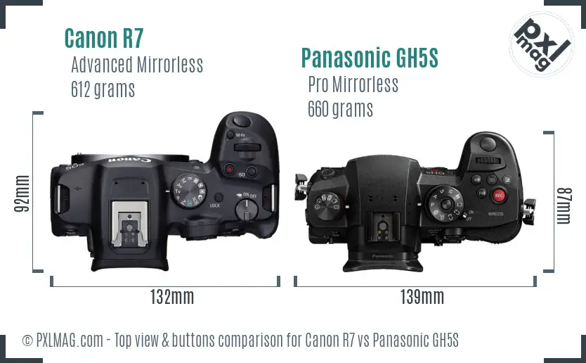 Canon R7 vs Panasonic GH5S top view buttons comparison