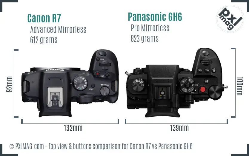 Canon R7 vs Panasonic GH6 top view buttons comparison