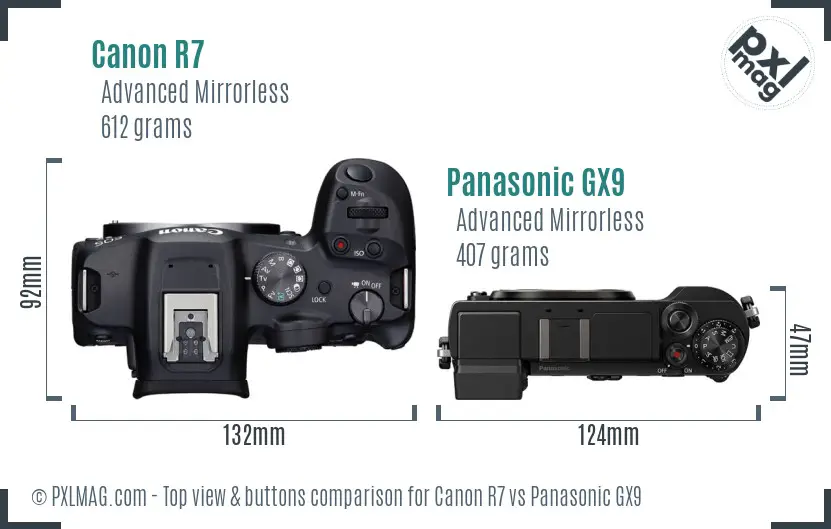 Canon R7 vs Panasonic GX9 top view buttons comparison