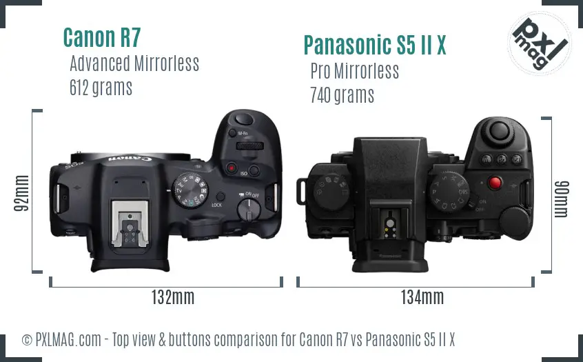 Canon R7 vs Panasonic S5 II X top view buttons comparison