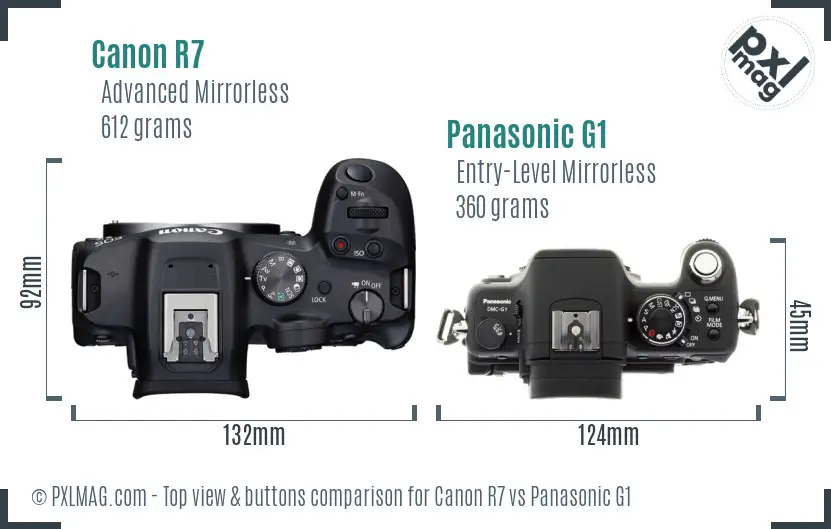 Canon R7 vs Panasonic G1 top view buttons comparison Canon R7 vs Panasonic G1 top view buttons comparison