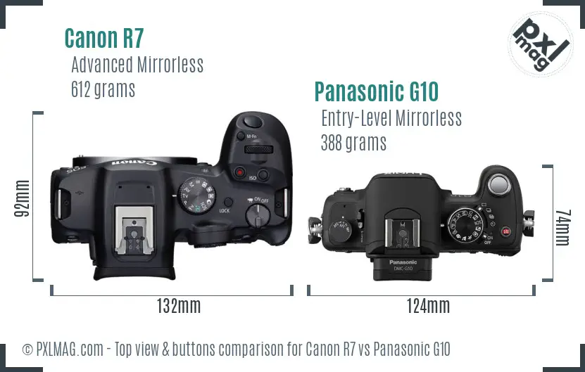 Canon R7 vs Panasonic G10 top view buttons comparison
