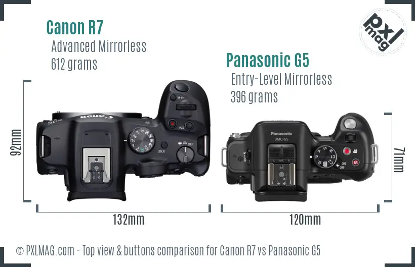 Canon R7 vs Panasonic G5 top view buttons comparison