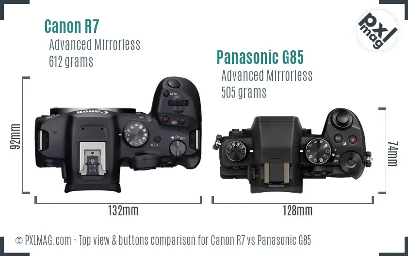 Canon R7 vs Panasonic G85 top view buttons comparison