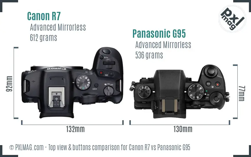 Canon R7 vs Panasonic G95 top view buttons comparison