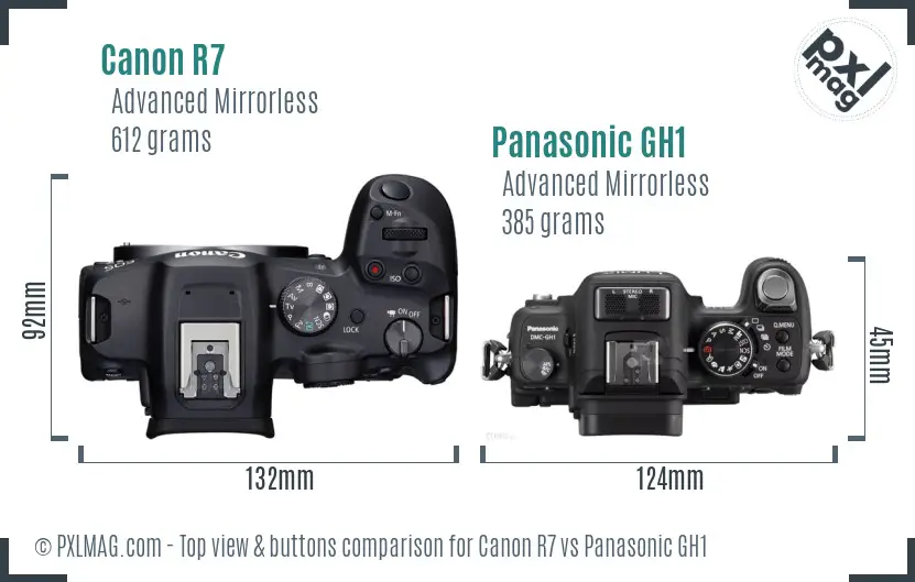 Canon R7 vs Panasonic GH1 top view buttons comparison
