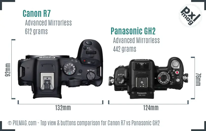 Canon R7 vs Panasonic GH2 top view buttons comparison