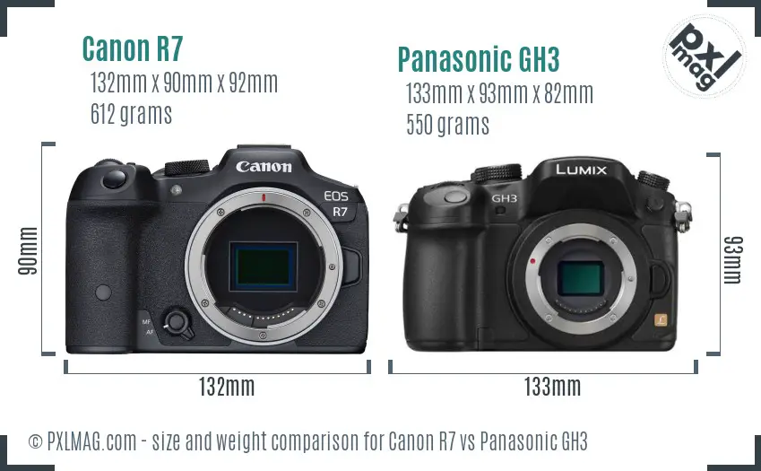 Canon R7 vs Panasonic GH3 size comparison