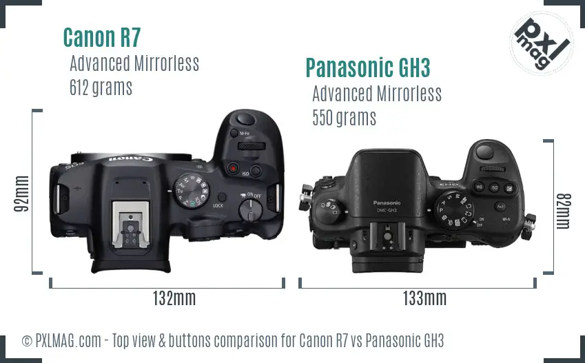 Canon R7 vs Panasonic GH3 top view buttons comparison