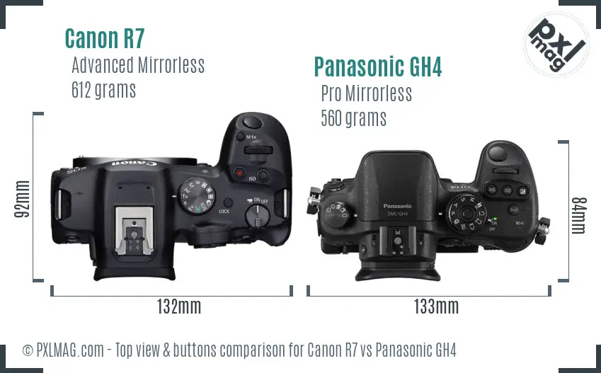 Canon R7 vs Panasonic GH4 top view buttons comparison