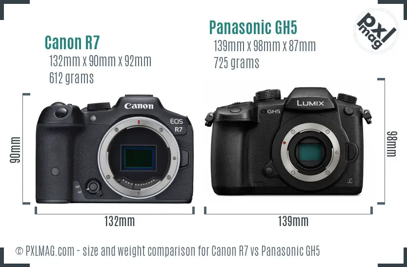 Canon R7 vs Panasonic GH5 size comparison