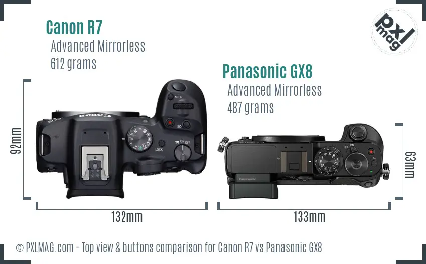 Canon R7 vs Panasonic GX8 top view buttons comparison
